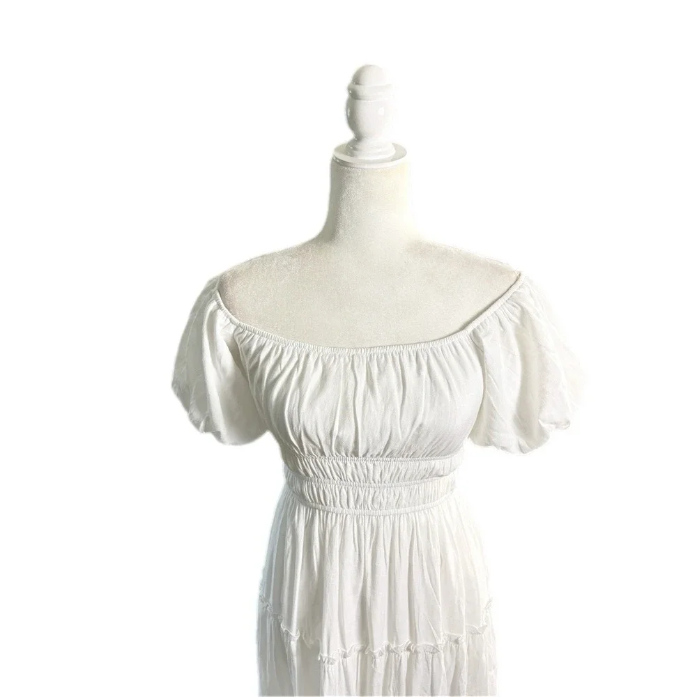 Trixxi‎ Smocked Puff Sleeve Maxi Womens Size S White Tiered Cottagecore Romantic